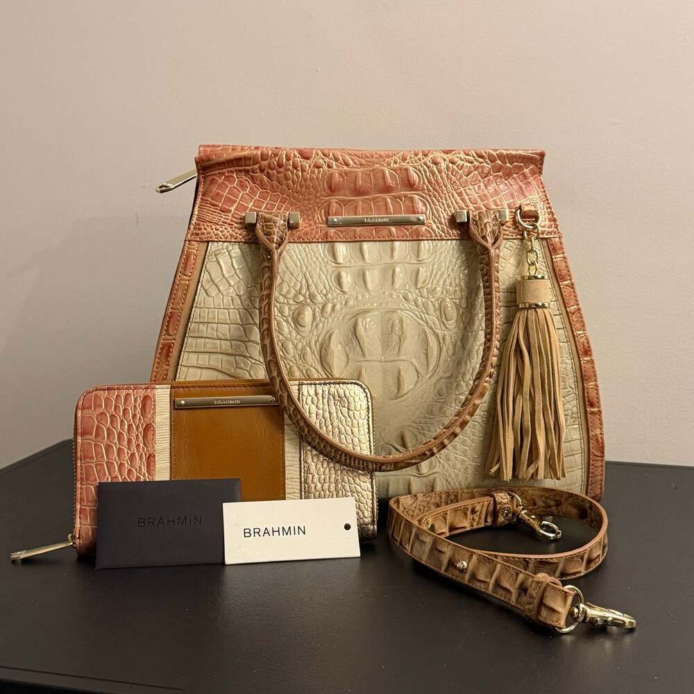 NWT Brahmin Priscilla Satchel Bag Wallet Crossbody Strap Leather Set